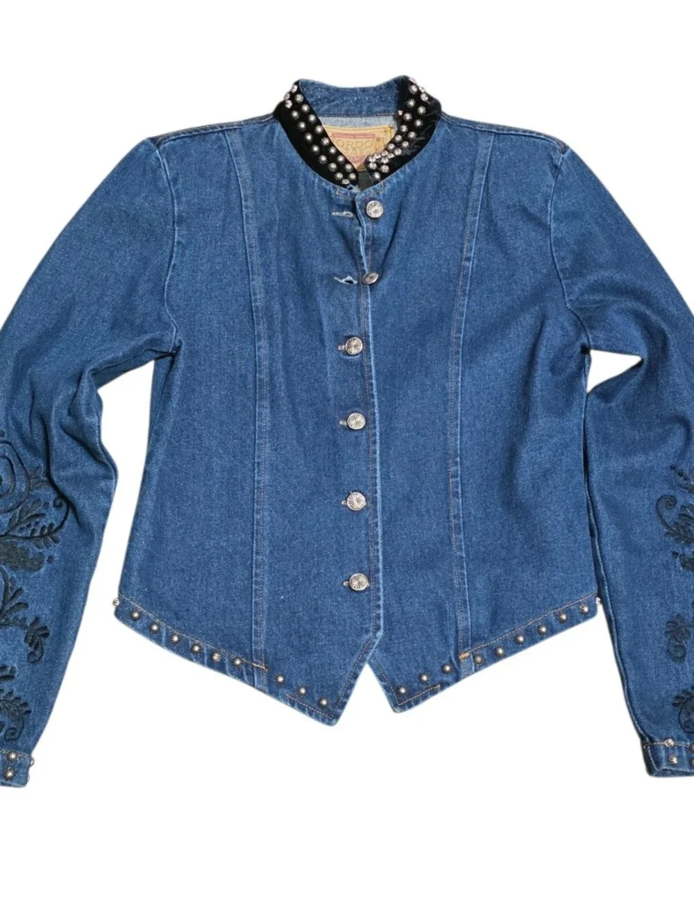 Vintage Gordon James Studded Denim Jacket Embroidered Western Boho Moto L
